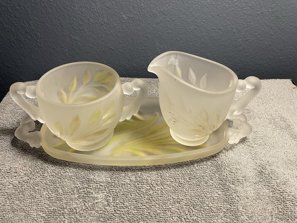 Vintage Indiana Glass Frosted Satin Leaf Creamer Sugar Bowl Tray MCM Set